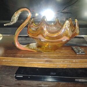 Brown Glass Art Swan Bowl